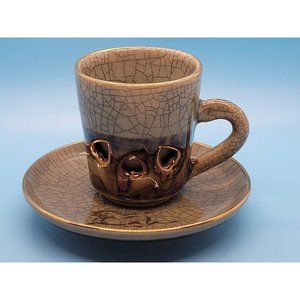 Gold Horse Somayaki Double-Wall Soma Ware Crackle Glaze Cup and Saucer.